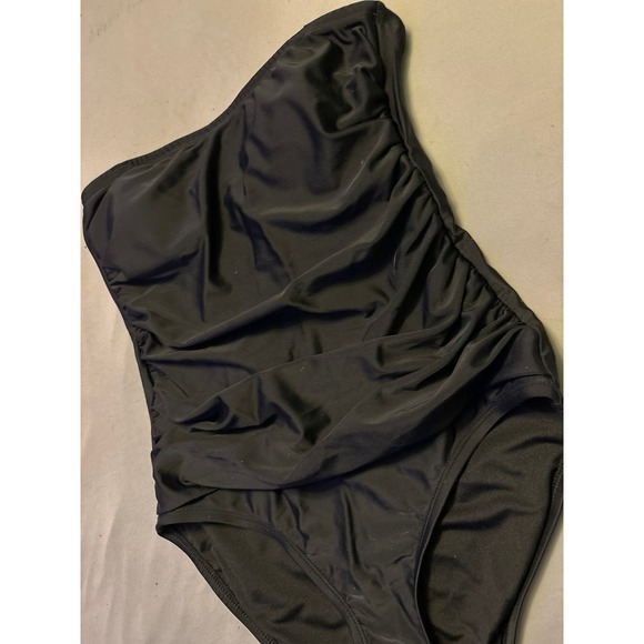 DKNY Women's Ruched Waist Slimming Strapless Black One Piece Swimsuit, Small - Picture 2 of 6